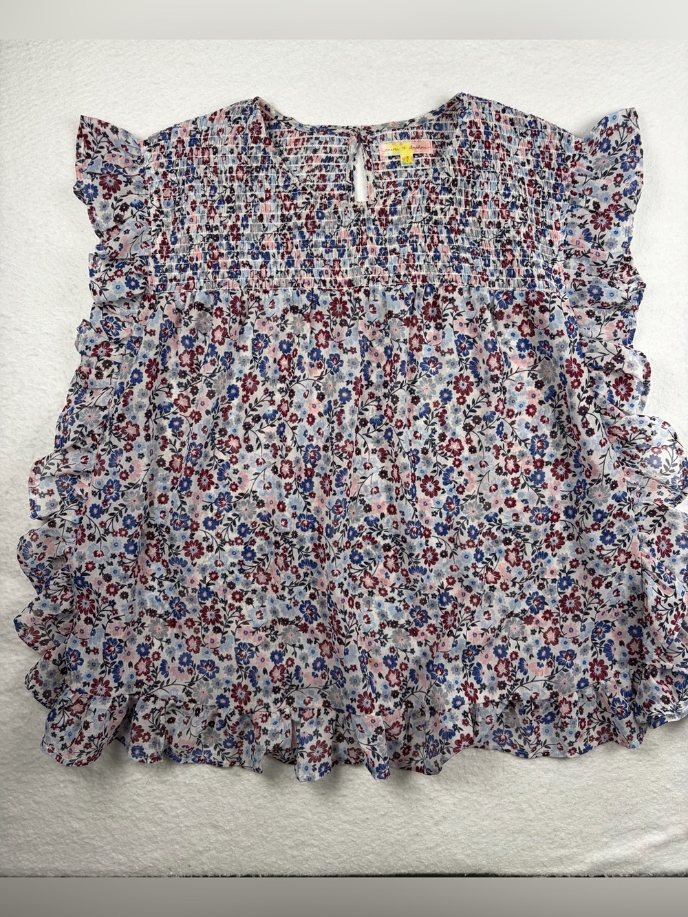 Ruffled Smocked Floral Blouse in Blue and Burgundy L‎